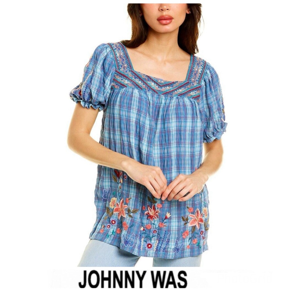 JOHNNY WAS Aimee Peasant Blue Multicolor Embroidery Puff Sleeves Top Shirt Sz M